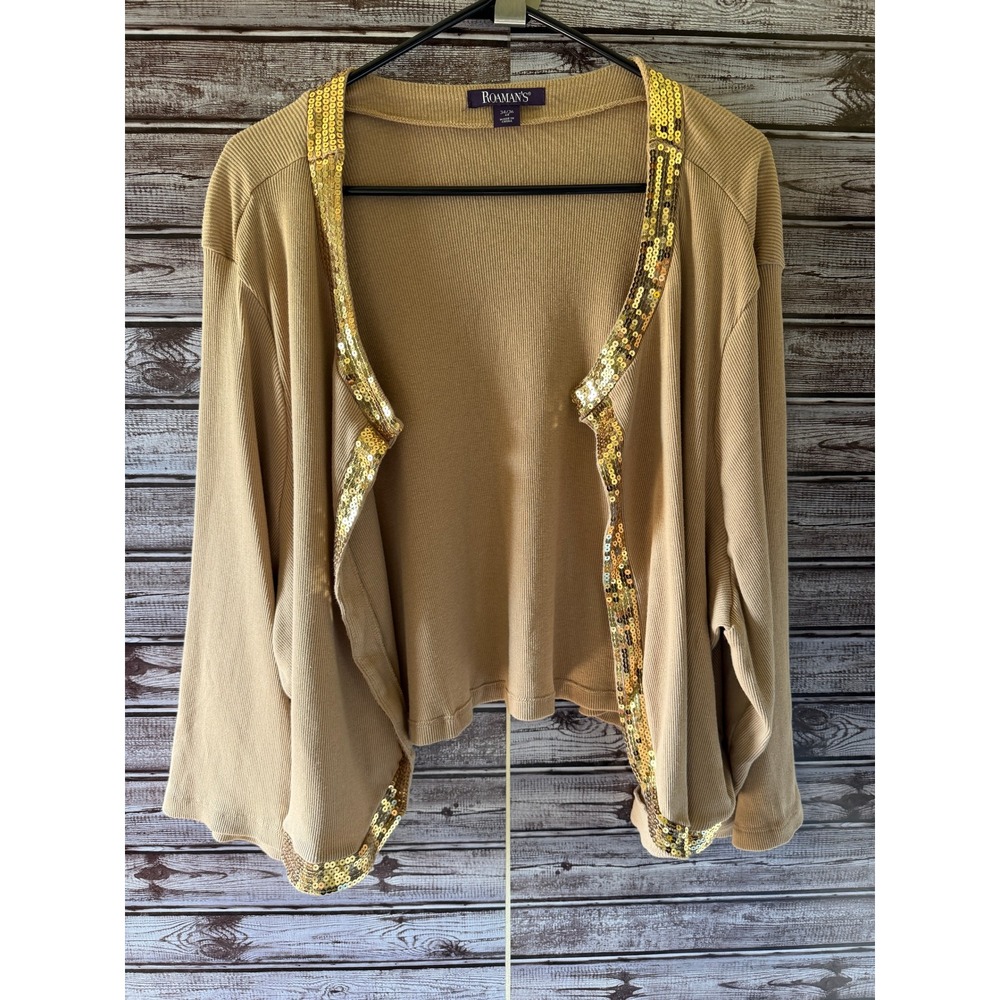 Roaman's Women's Long-Sleeved Open-Front Top/Sweater Size 4X Tan Ribbed Sequins